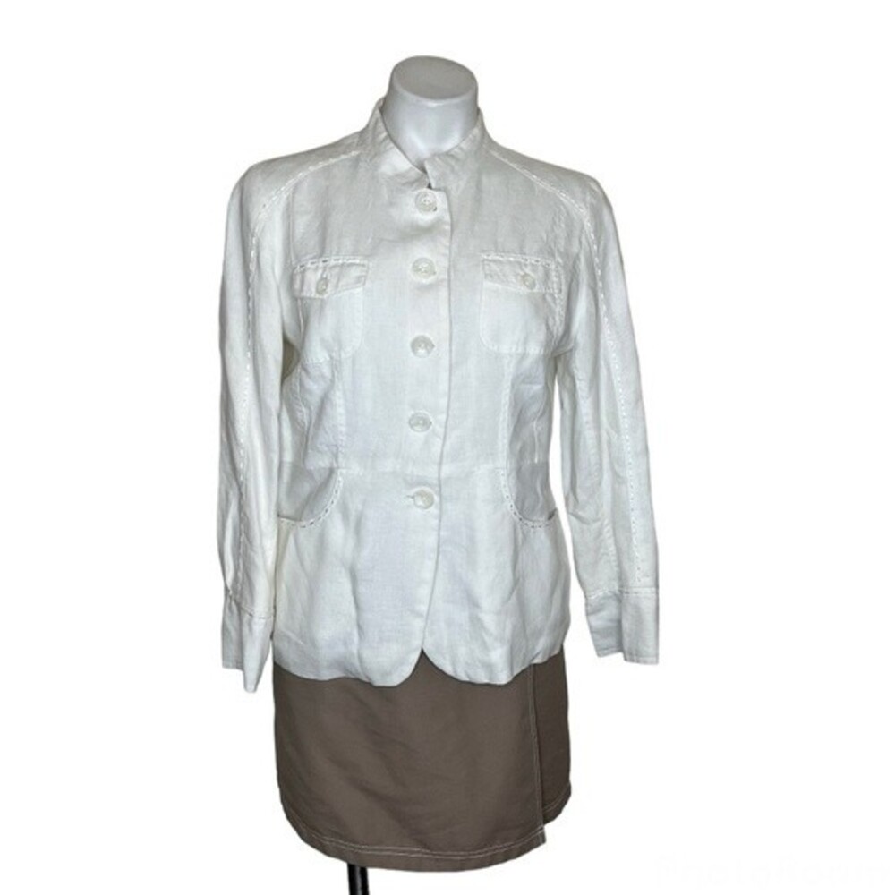TWEEDS Linen Jacket White Button Up Lined Nehru Collar Size Medium
